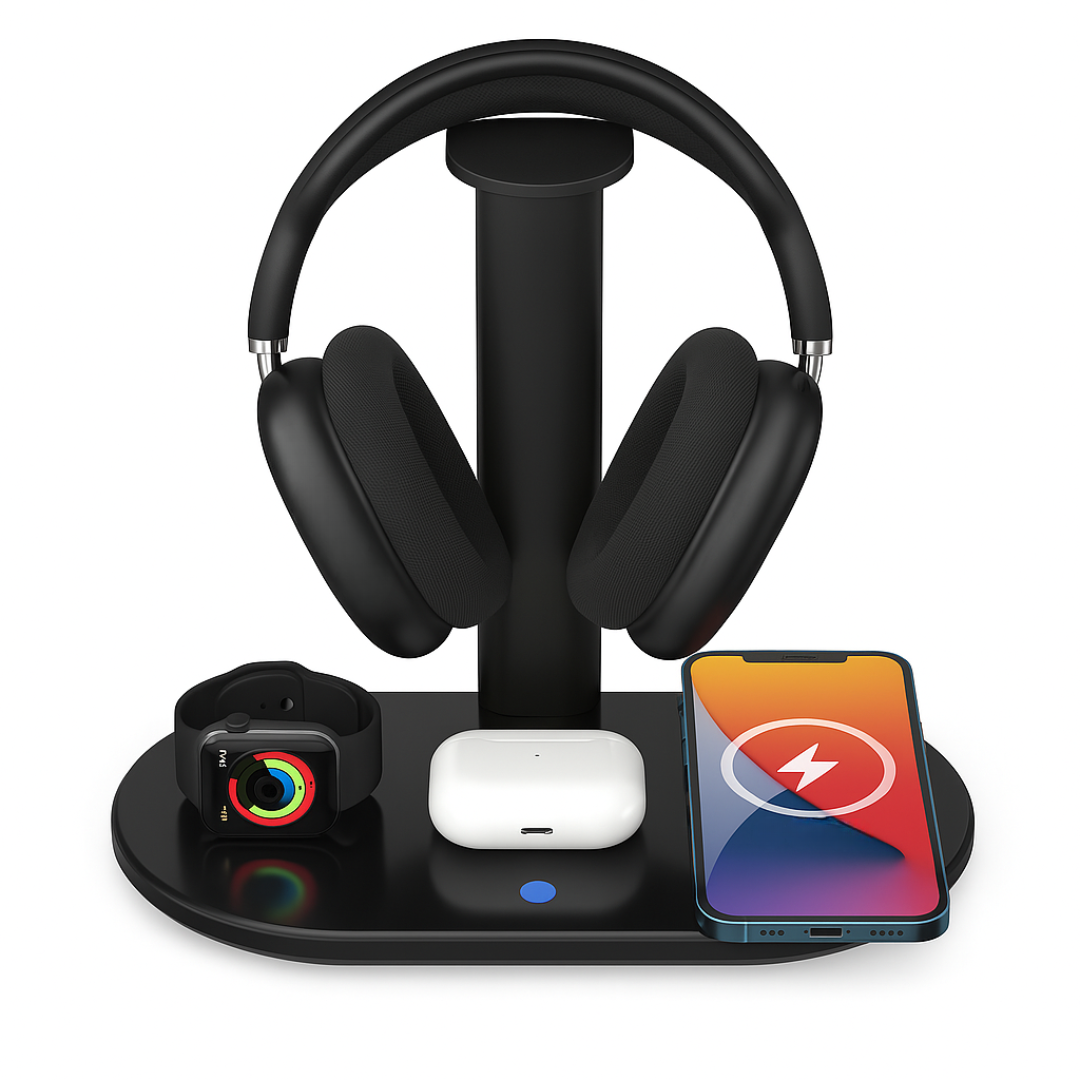 4-in-1 Wireless Charging Station with Headphone Stand – Multi-Device Desk Charger