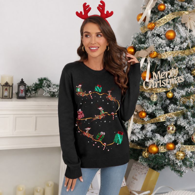 Women's Christmas Jumper - Reindeer Sleigh and Gift
