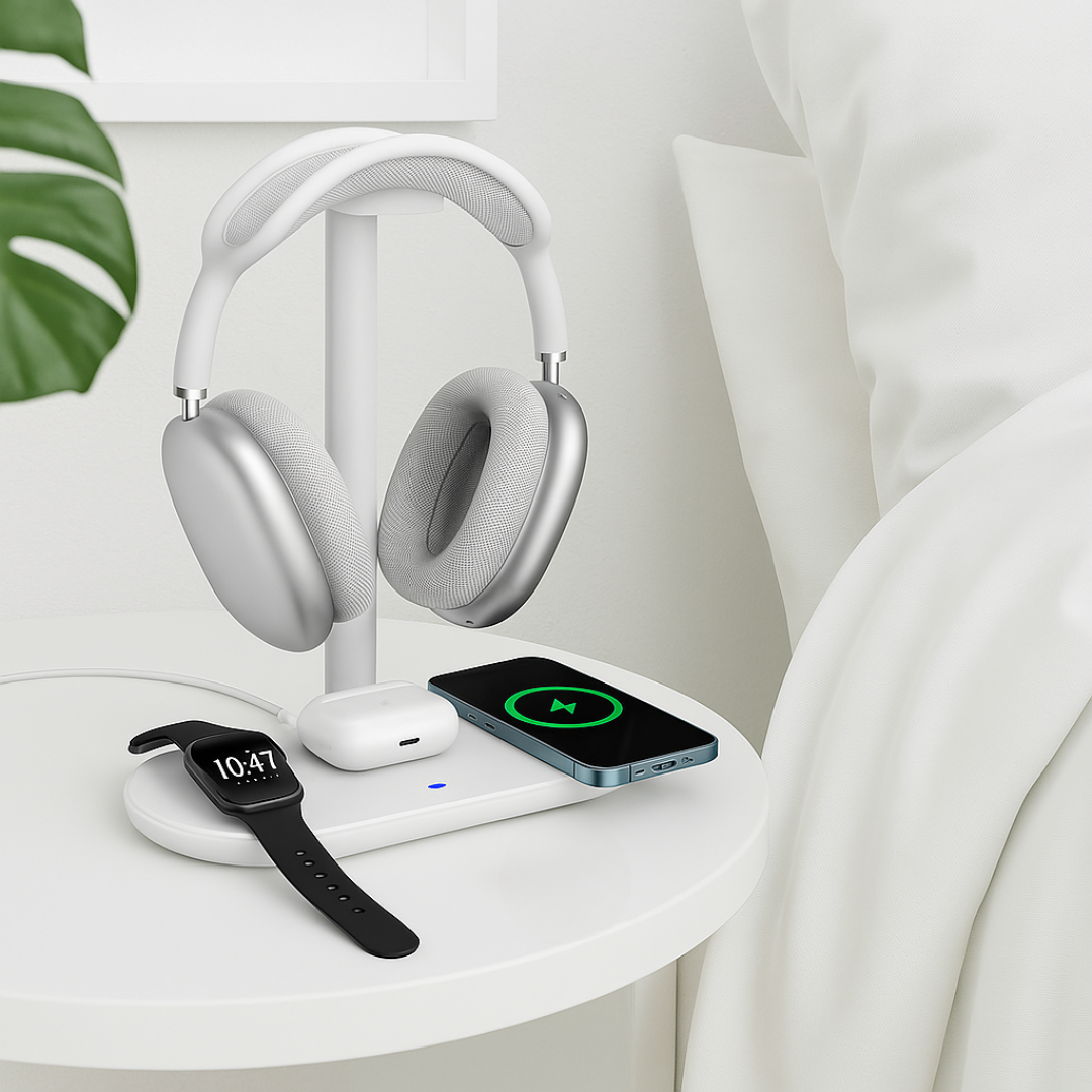 4-in-1 Wireless Charging Station with Headphone Stand – Multi-Device Desk Charger