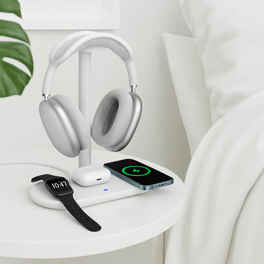 4-in-1 Wireless Charging Station with Headphone Stand – Multi-Device Desk Charger