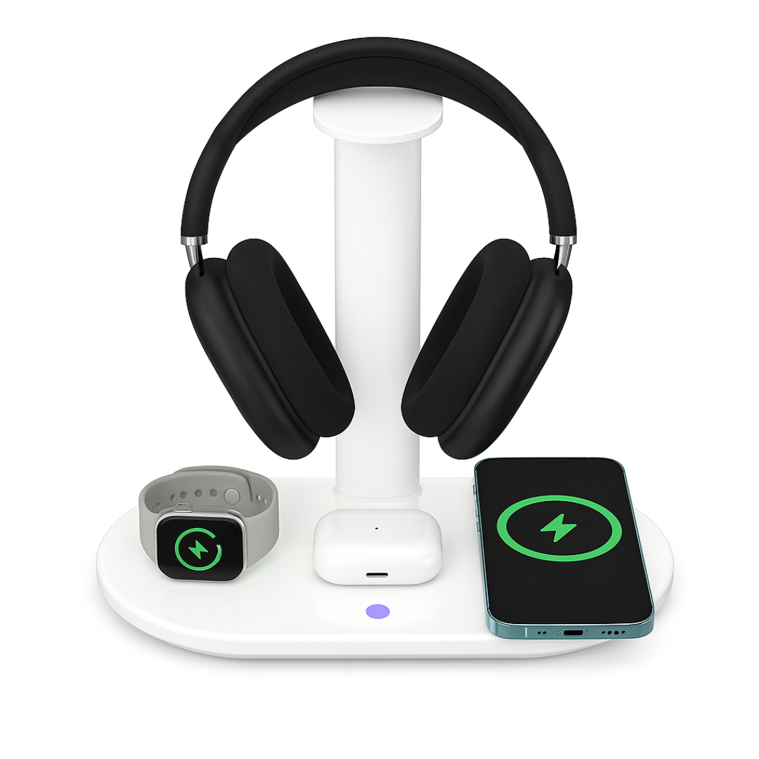 4-in-1 Wireless Charging Station with Headphone Stand – Multi-Device Desk Charger