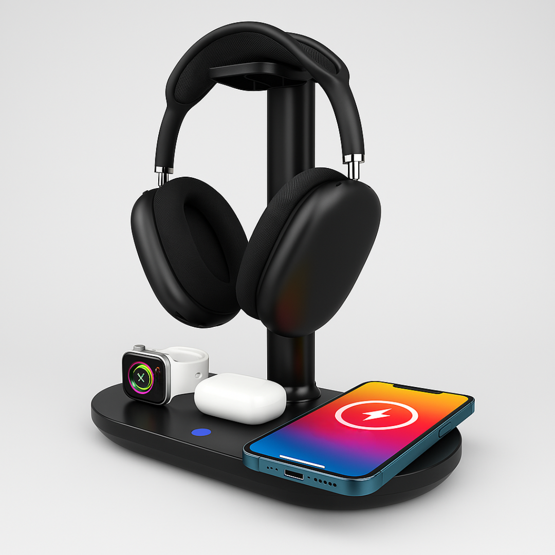 4-in-1 Wireless Charging Station with Headphone Stand – Multi-Device Desk Charger