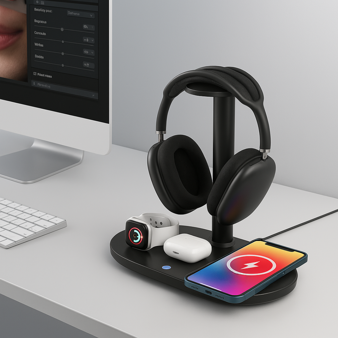 4-in-1 Wireless Charging Station with Headphone Stand – Multi-Device Desk Charger