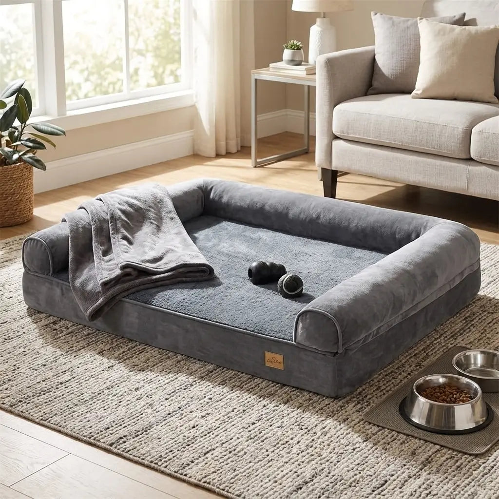 Large Memory Foam Dog Bed with Waterproof Lining & Bolsters