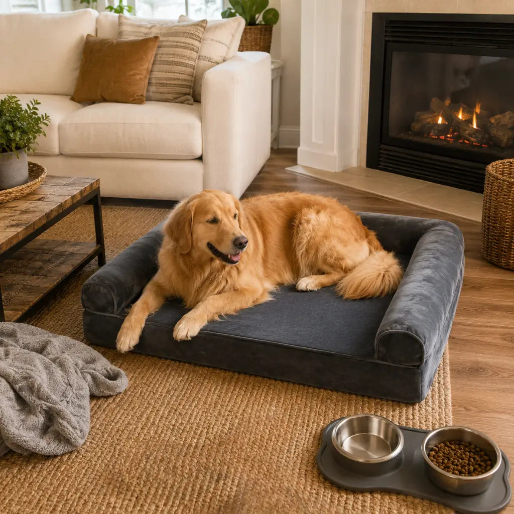 Large Memory Foam Dog Bed with Waterproof Lining & Bolsters