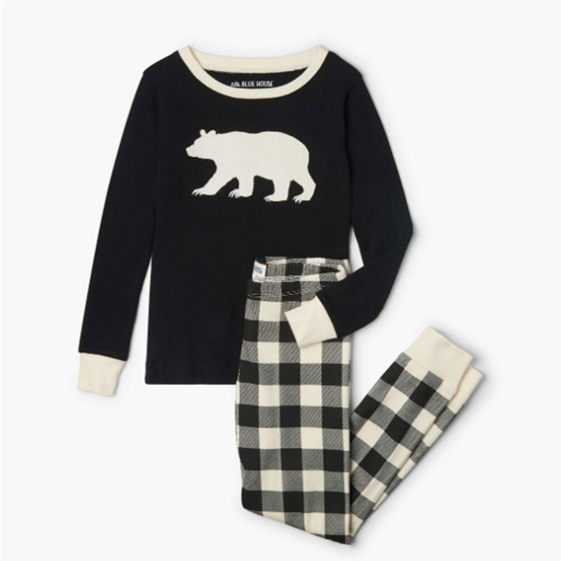 Matching Family Christmas Pyjamas - Black & Cream Plaid Bear