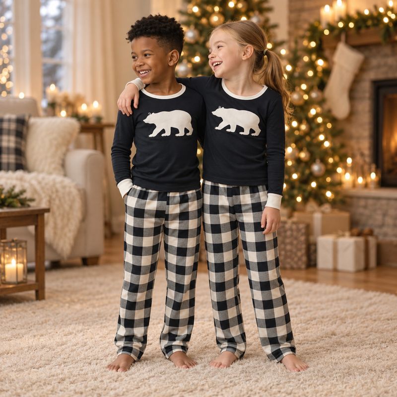 Matching Family Christmas Pyjamas - Black & Cream Plaid Bear