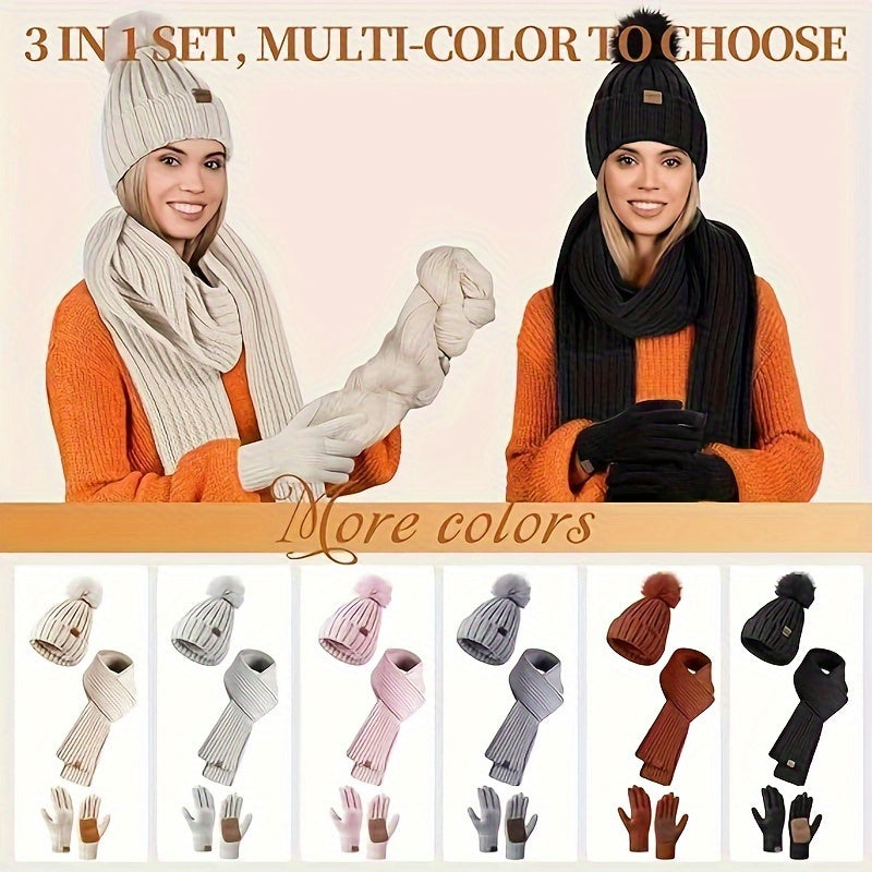 3-Piece Winter Hat Scarf Gloves Set – Touchscreen Knit Accessories