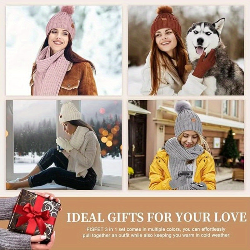 3-Piece Winter Hat Scarf Gloves Set – Touchscreen Knit Accessories