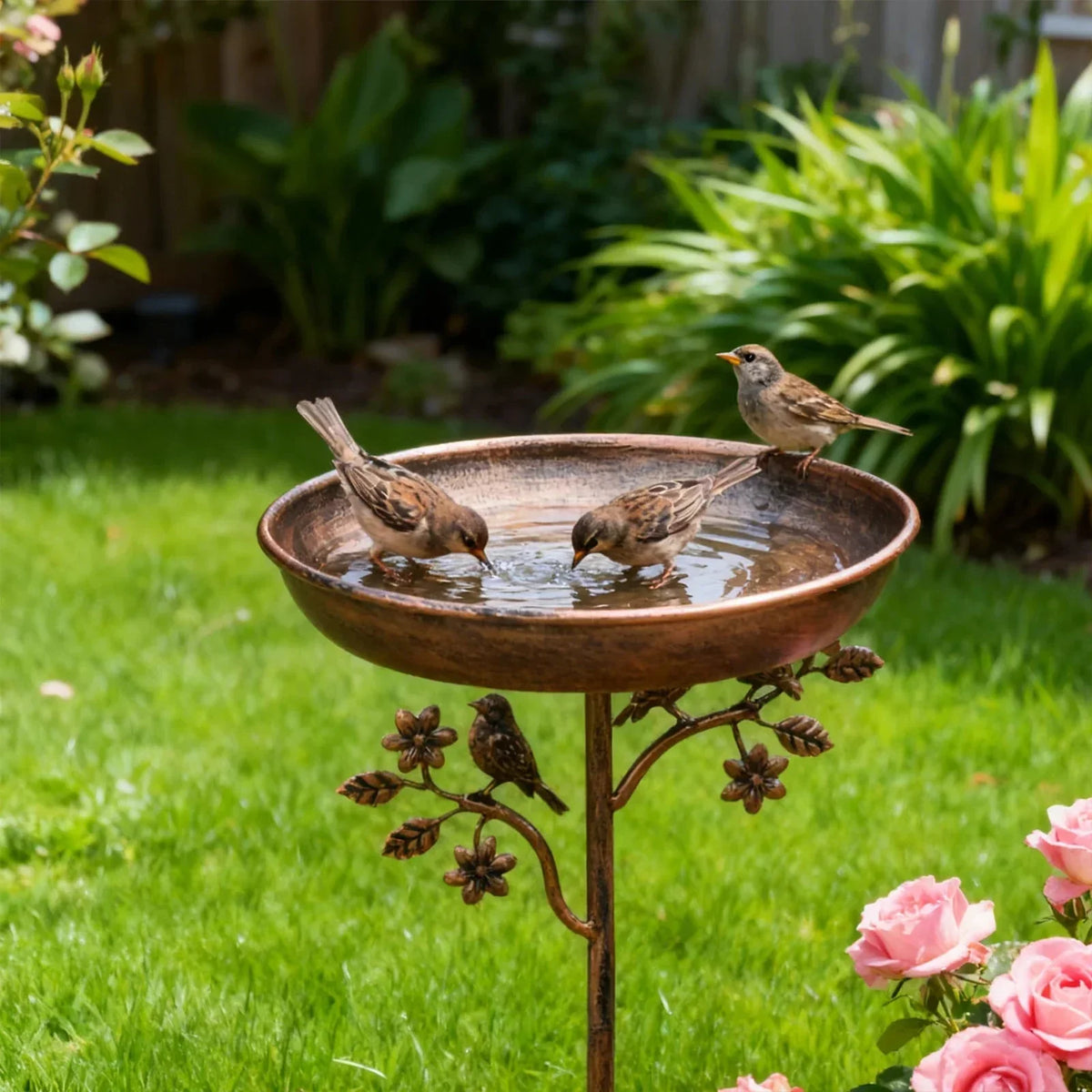 Outdoor Garden Bird Bath with Decorative Bowl & Ground Stake