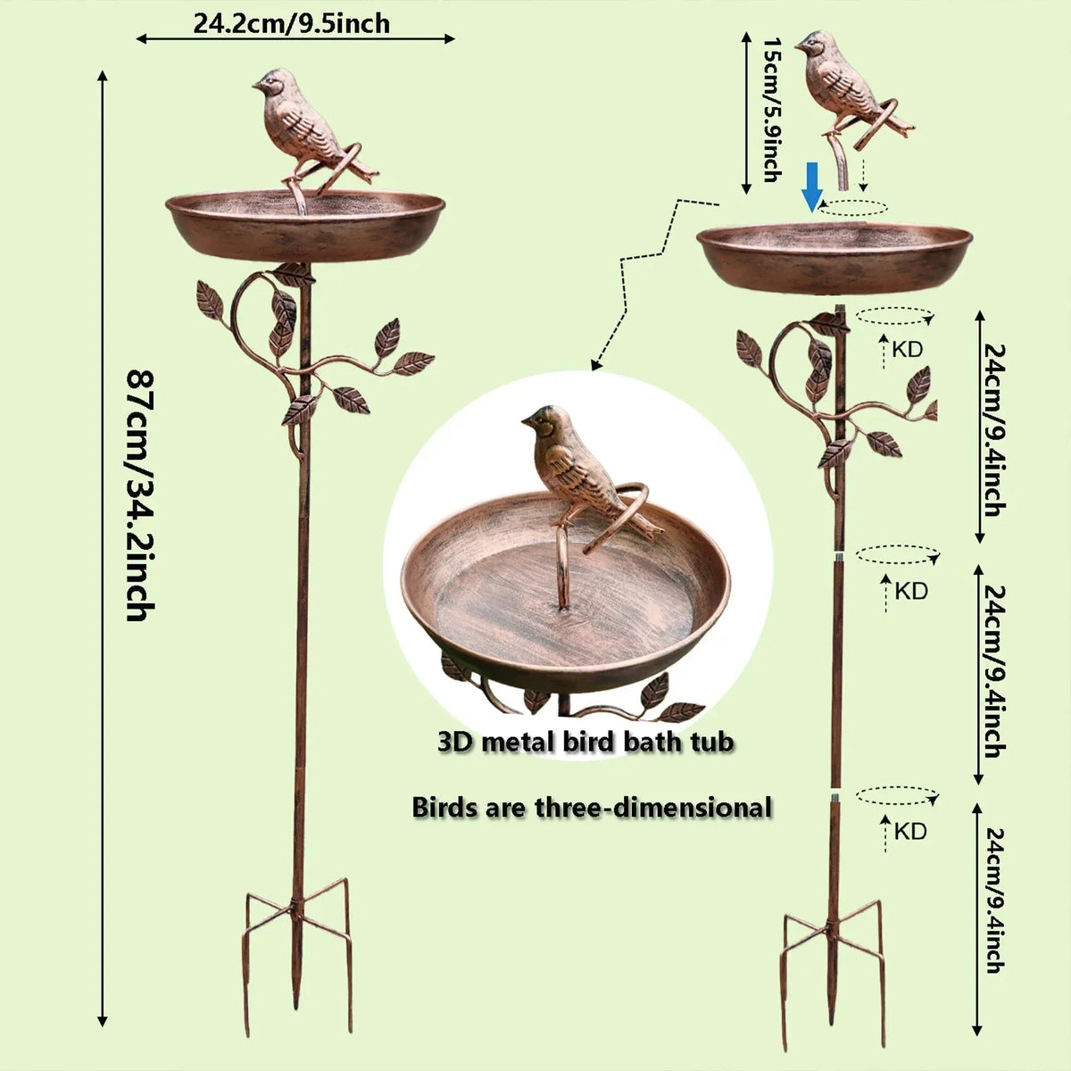 Outdoor Garden Bird Bath with Decorative Bowl & Ground Stake