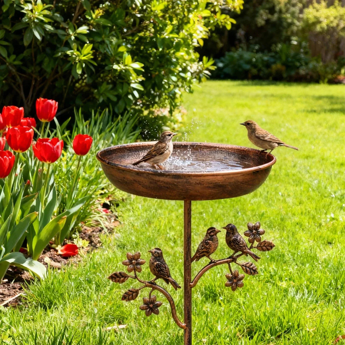 Outdoor Garden Bird Bath with Decorative Bowl & Ground Stake