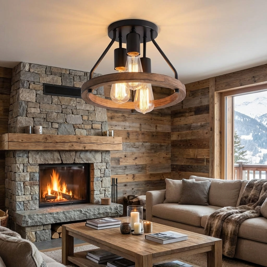 Industrial Farmhouse Ceiling Light – 3 Adjustable Heads, Wood & Metal
