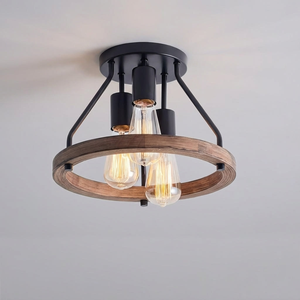 Industrial Farmhouse Ceiling Light – 3 Adjustable Heads, Wood & Metal