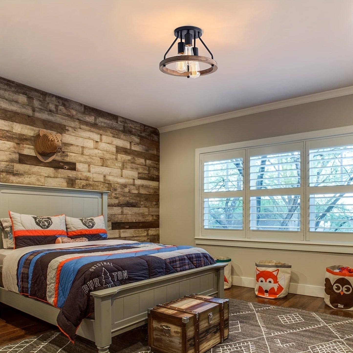 Industrial Farmhouse Ceiling Light – 3 Adjustable Heads, Wood & Metal