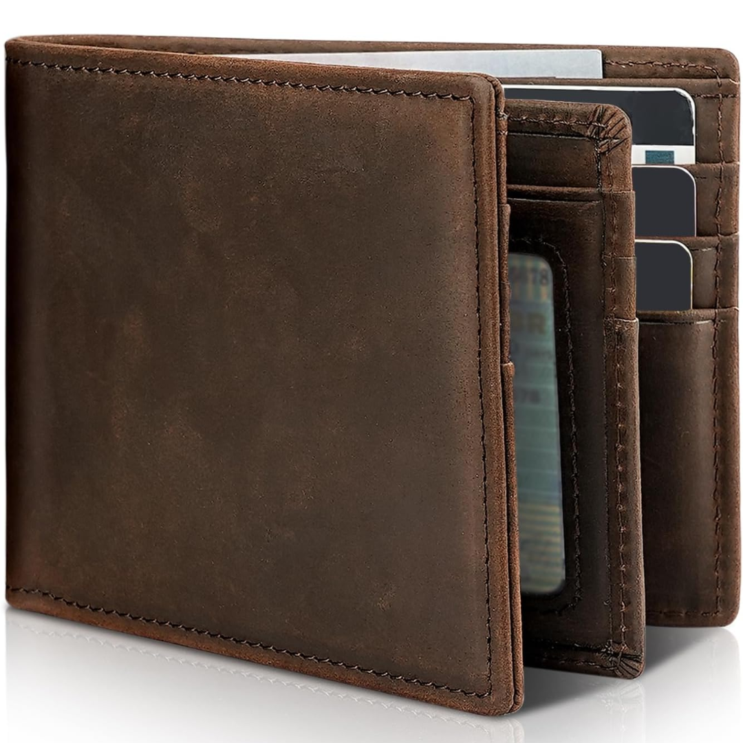 Men’s Genuine Leather Bifold Wallet – RFID Blocking, 13 Card Slots