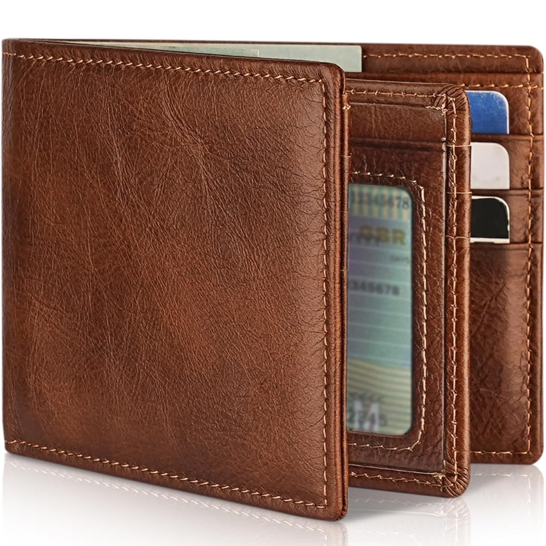 Men’s Genuine Leather Bifold Wallet – RFID Blocking, 13 Card Slots