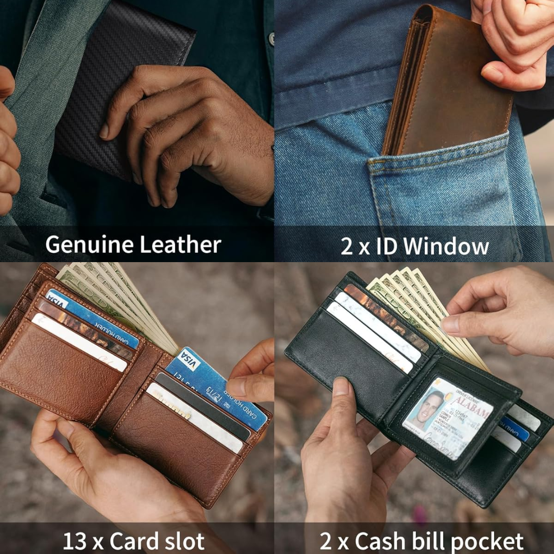 Men’s Genuine Leather Bifold Wallet – RFID Blocking, 13 Card Slots