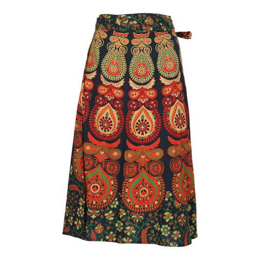 Peacock Print Mid Length Cotton Wrap Skirt