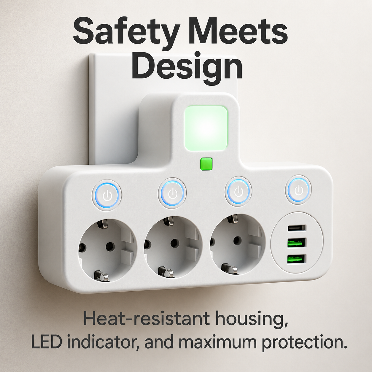 3-Way Extension Lead with USB-C – Surge Protection & Child Safety