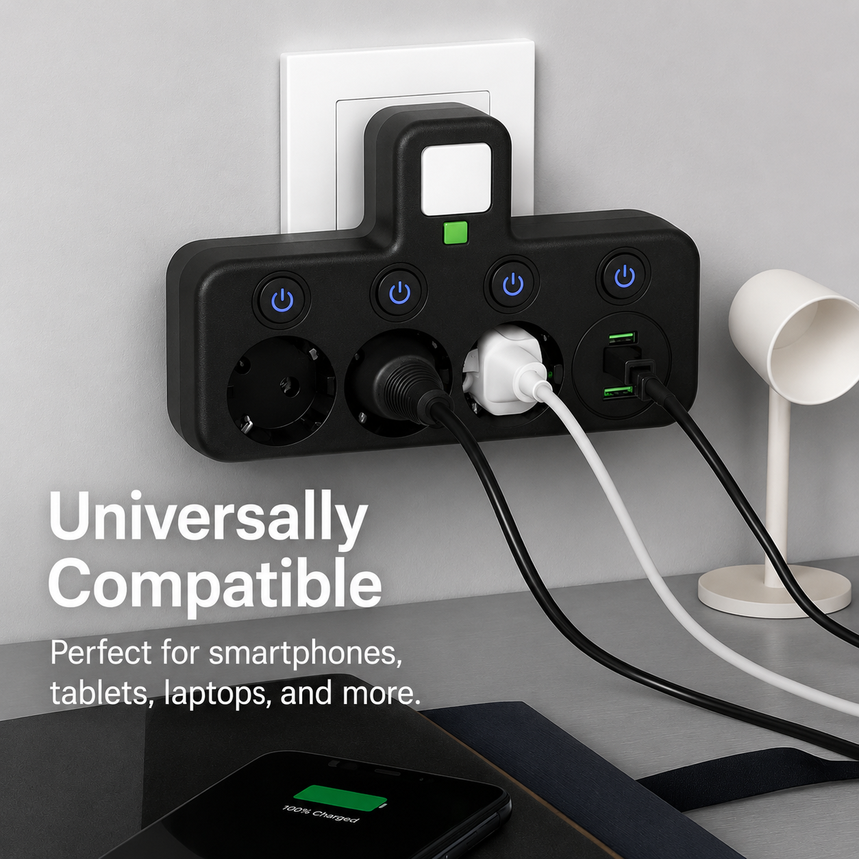 3-Way Extension Lead with USB-C – Surge Protection & Child Safety