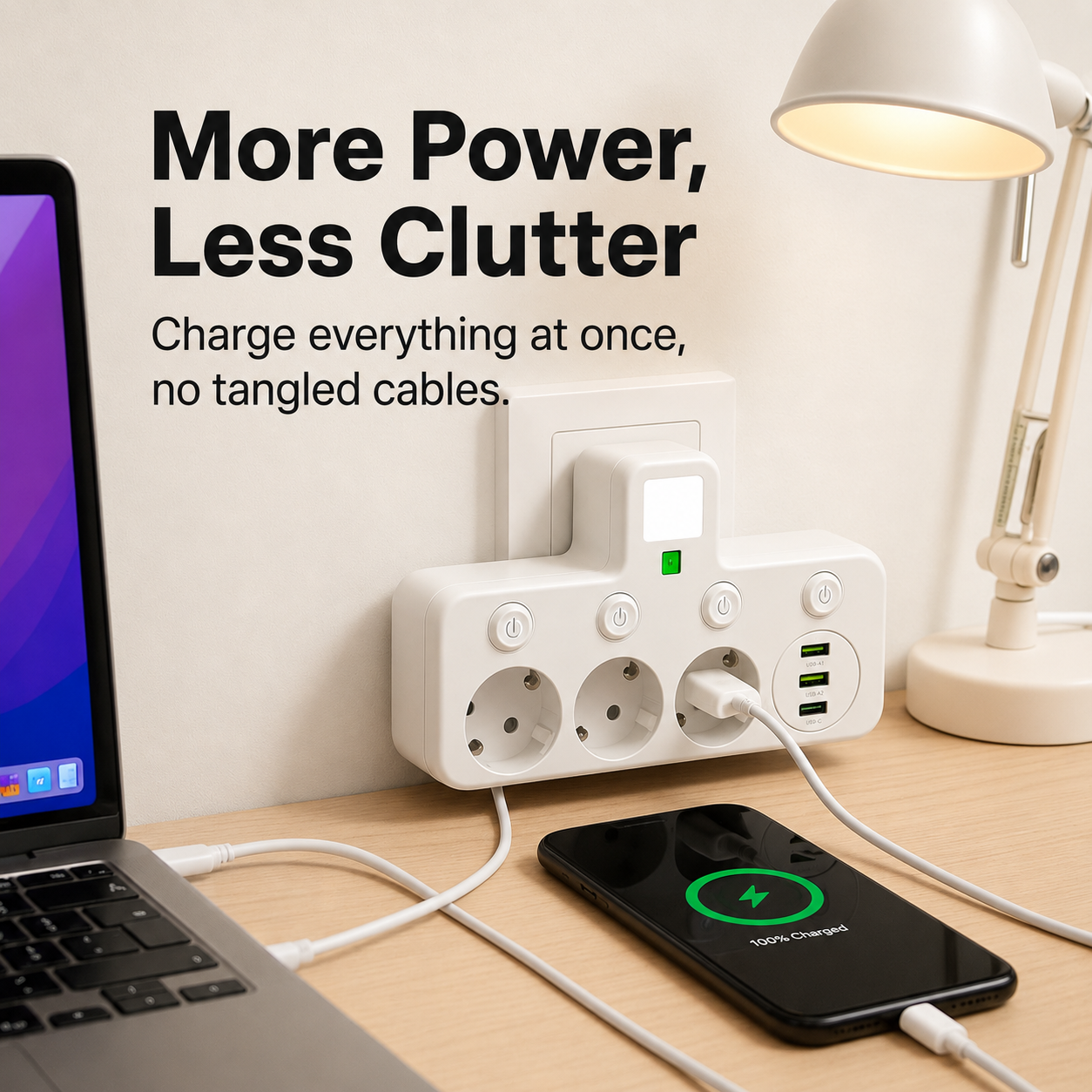 3-Way Extension Lead with USB-C – Surge Protection & Child Safety