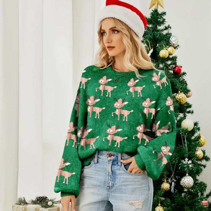 Women's Christmas Jumper - Reindeer Print Crew Neck