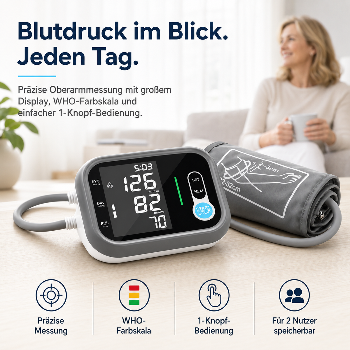 Upper Arm Blood Pressure Monitor – Large LCD & Dual User Memory