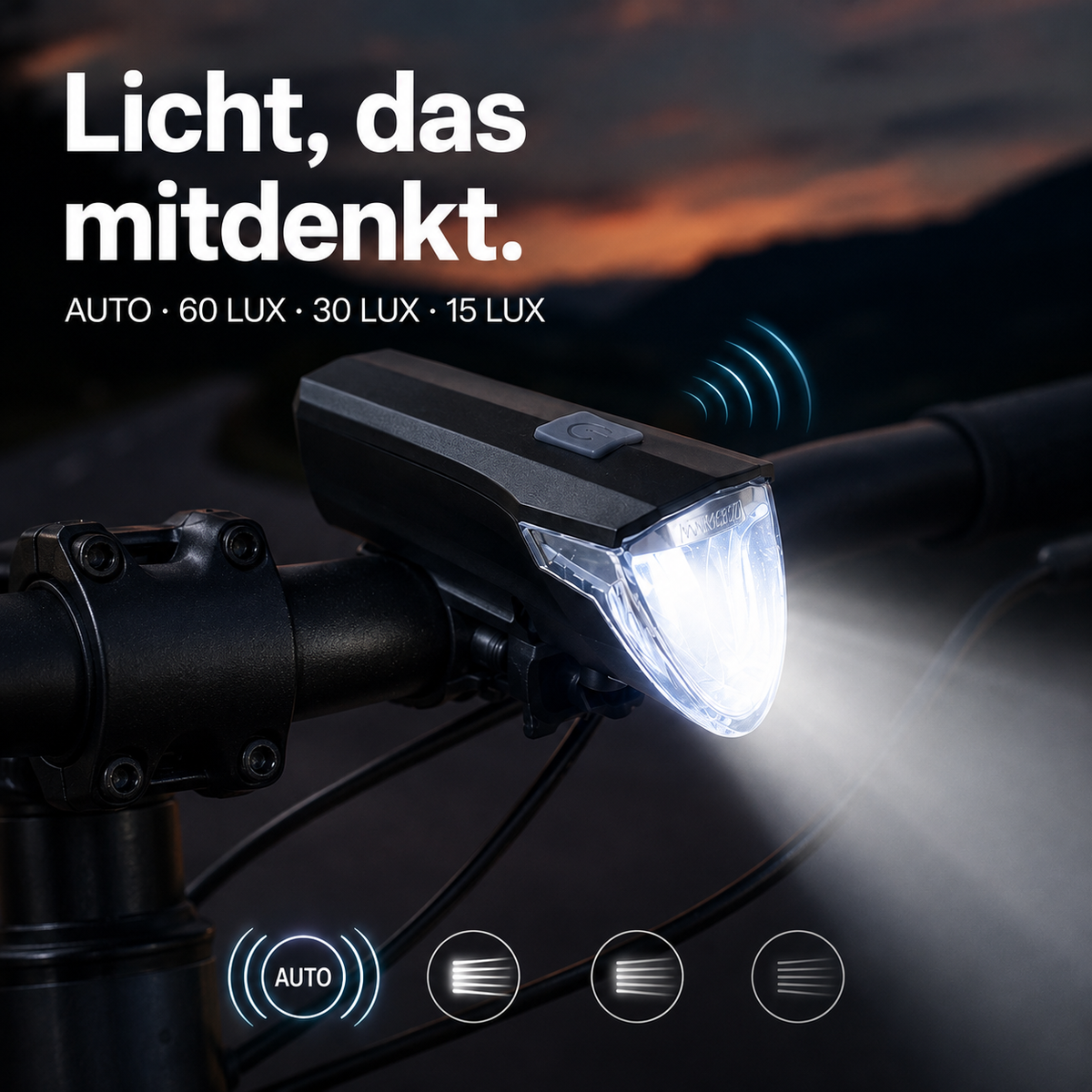 Rechargeable Bicycle Front Light – 60 Lux Automatic Bike Light