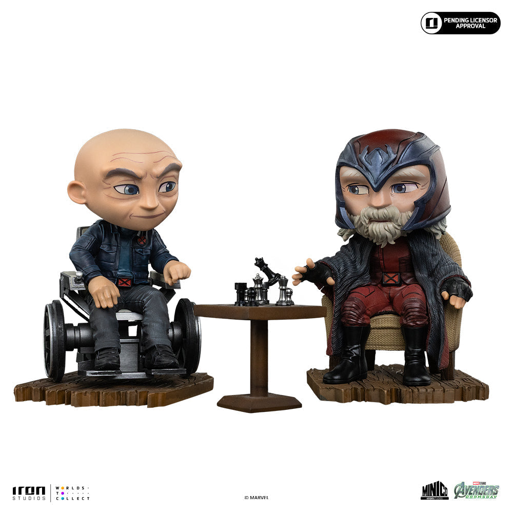 Seated Telepathic Hero and Helmeted Magnetic Villain - Mini Collectible Statue